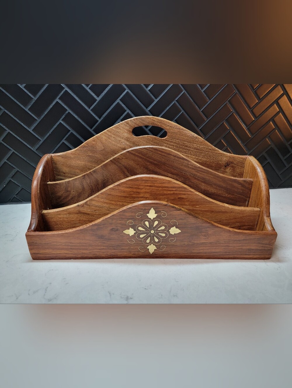 Teak Wooden Mail Organizer Caddy with Brass Inlay